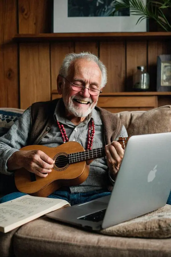 Ukulele_lernen_online Ukulele-Lehrer sitzt lächelnd auf dem Sofa