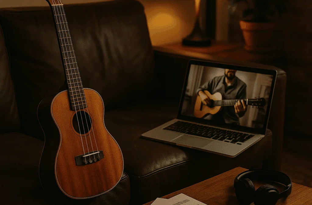 Zoom-Ansicht einer Online-Ukulele-Unterrichtsstunde