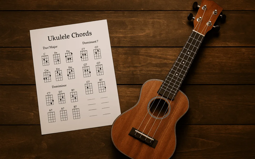 Vorschau PDF mit Ukulele-Akkorddiagrammen für Dur, Moll und Dominant-7